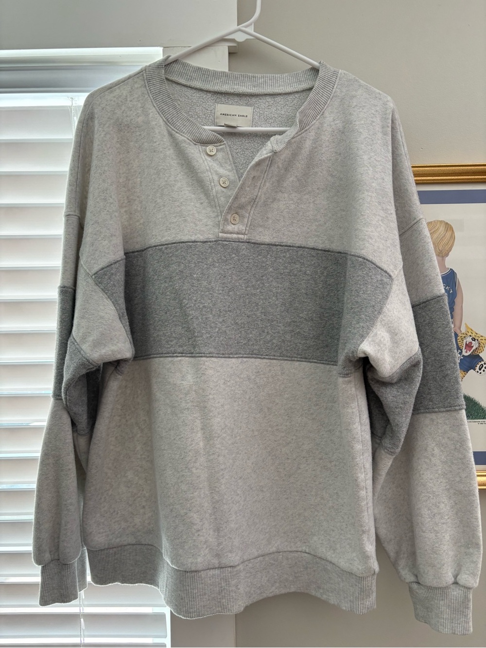 American Eagle Outfitters Light Gray and Dark Gray Crewneck Henley Sweatshirt